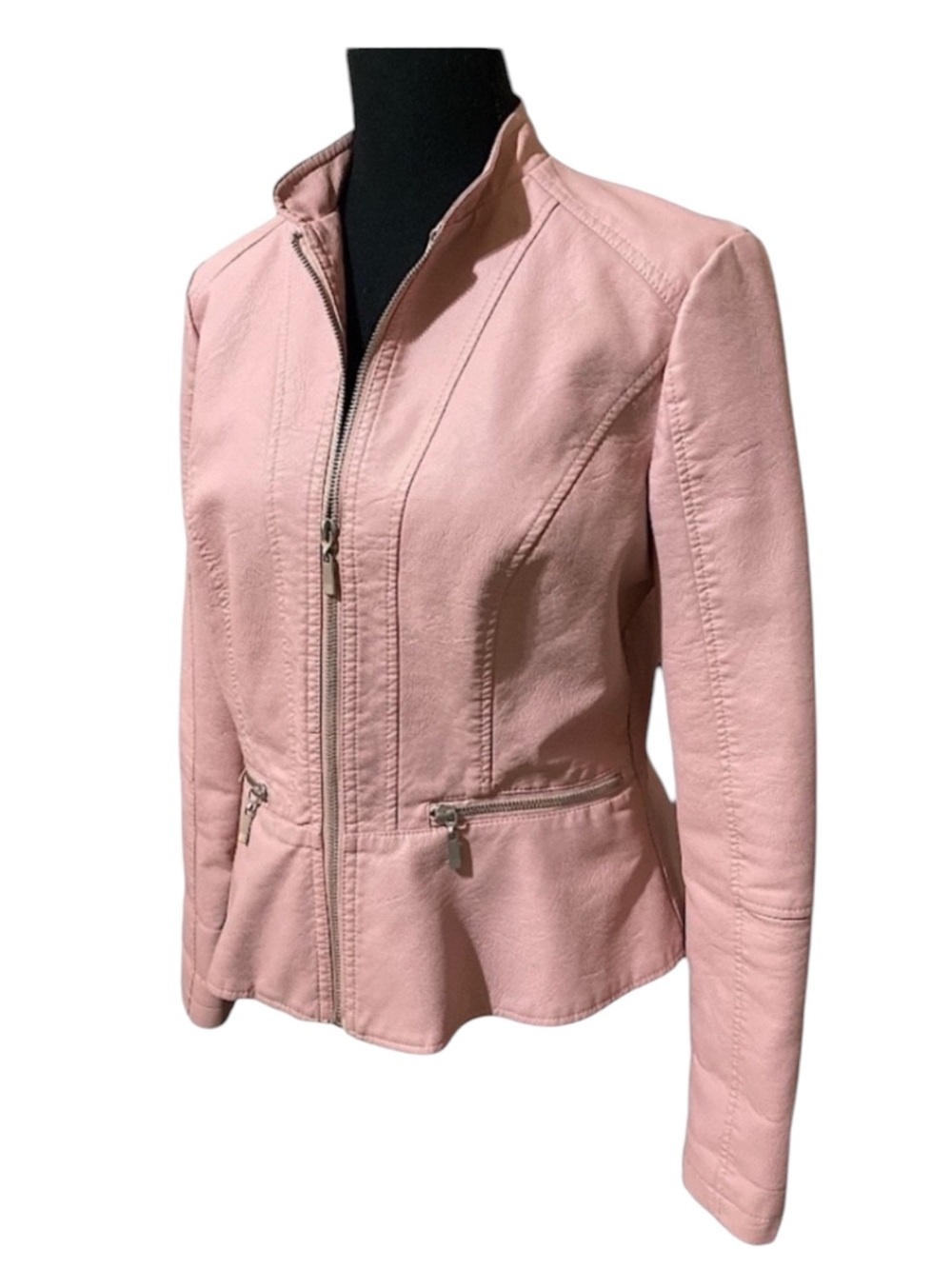BACCINI SOFT PINK Faux Leather Cinch Waist Hourglass Moto Jacket Blazer Small